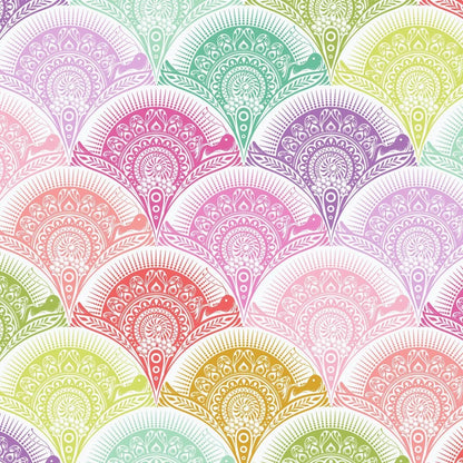 A repeating seamless pattern of scalloped fan shapes in pastel rainbow colors with intricate white mandala and floral motifs.