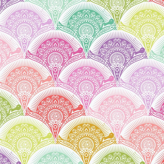 A repeating seamless pattern of scalloped fan shapes in pastel rainbow colors with intricate white mandala and floral motifs.