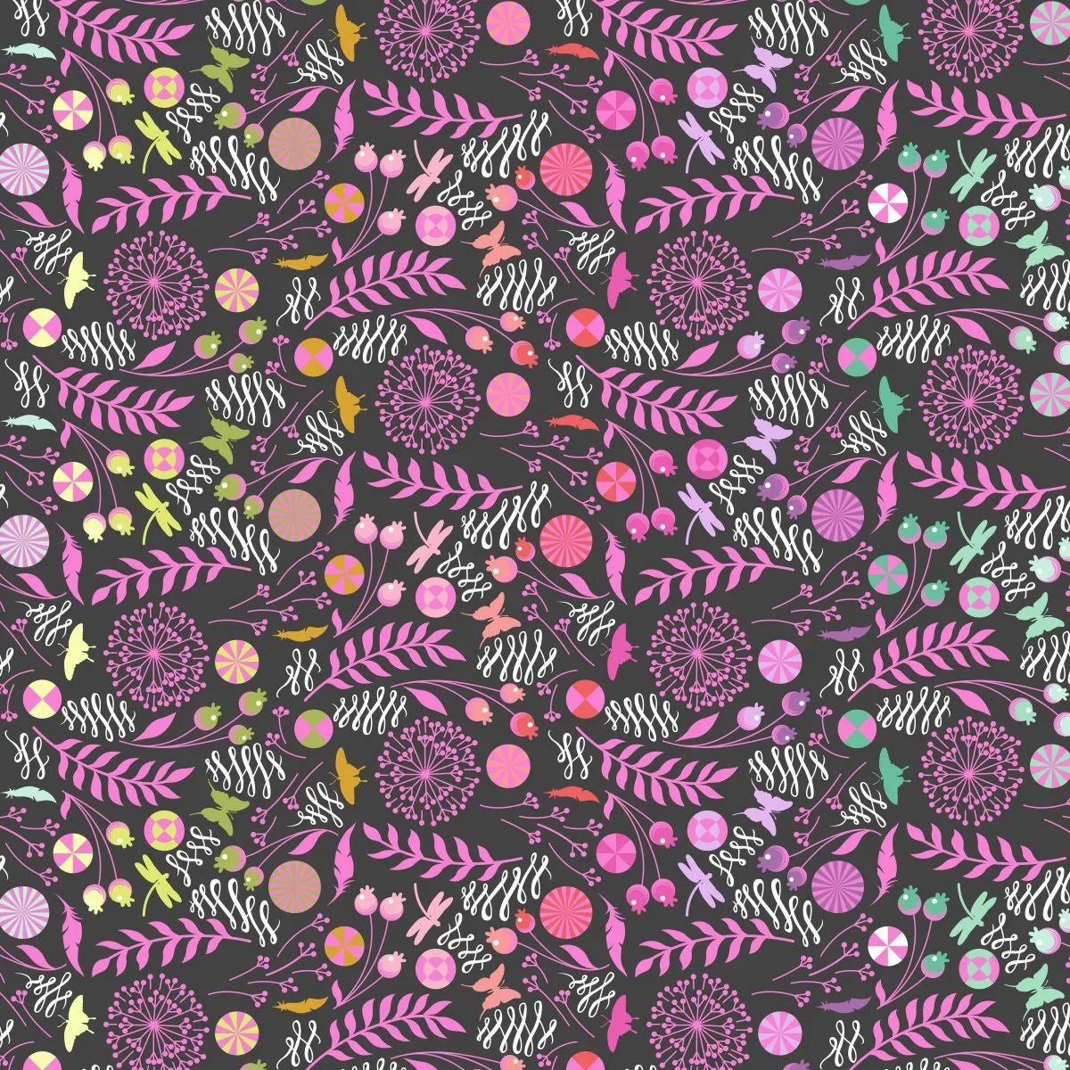 A seamless botanical fabric pattern featuring stylized flowers, leaves, butterflies, feathers, and pinwheels in pink, purple, orange, yellow, and white on a dark charcoal black background.