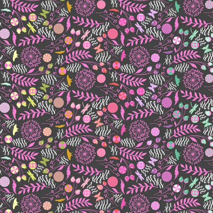 A seamless botanical fabric pattern featuring stylized flowers, leaves, butterflies, feathers, and pinwheels in pink, purple, orange, yellow, and white on a dark charcoal black background.