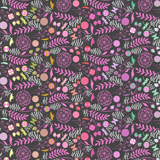 A seamless botanical fabric pattern featuring stylized flowers, leaves, butterflies, feathers, and pinwheels in pink, purple, orange, yellow, and white on a dark charcoal black background.