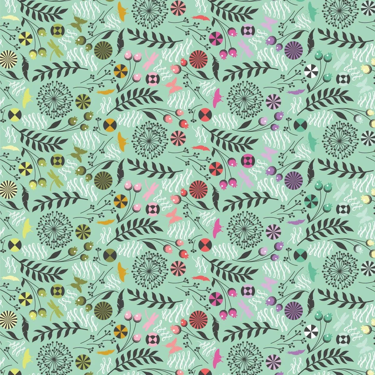 A seamless botanical pattern featuring stylized leaves, flowers, butterflies, feathers, and flourishes in a variety of colors on a light mint green background.