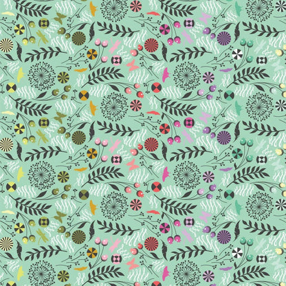 A seamless botanical pattern featuring stylized leaves, flowers, butterflies, feathers, and flourishes in a variety of colors on a light mint green background.