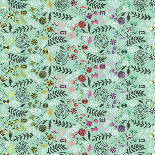 A seamless botanical pattern featuring stylized leaves, flowers, butterflies, feathers, and flourishes in a variety of colors on a light mint green background.