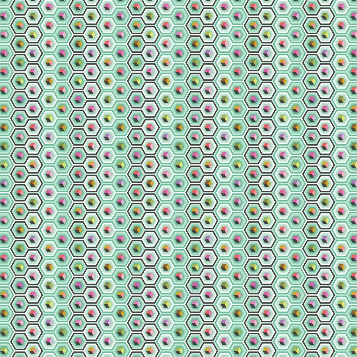 A repeating geometric fabric pattern of small hexagons on a mint green background, each containing colorful cube motifs in pink, yellow, orange, green, and purple.
