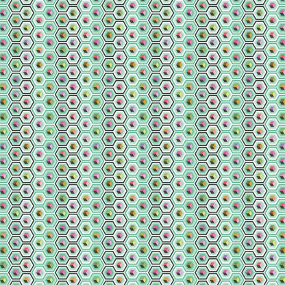 A repeating geometric fabric pattern of small hexagons on a mint green background, each containing colorful cube motifs in pink, yellow, orange, green, and purple.