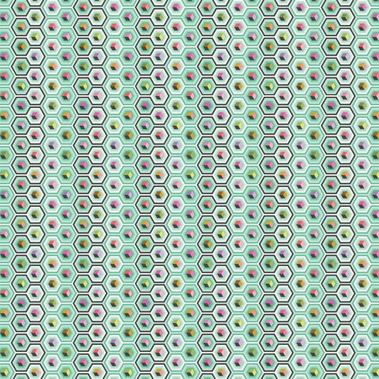 A repeating geometric fabric pattern of small hexagons on a mint green background, each containing colorful cube motifs in pink, yellow, orange, green, and purple.