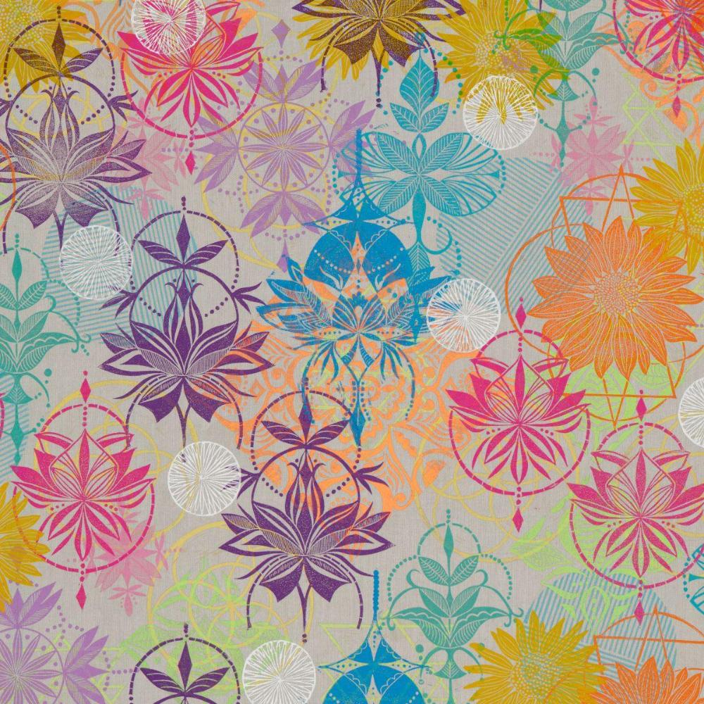 Grace Joyous in Vibrant features large, overlapping motifs of sunflowers, lotus blossoms, and geometric designs in a rainbow of colors on a neutral grey background.