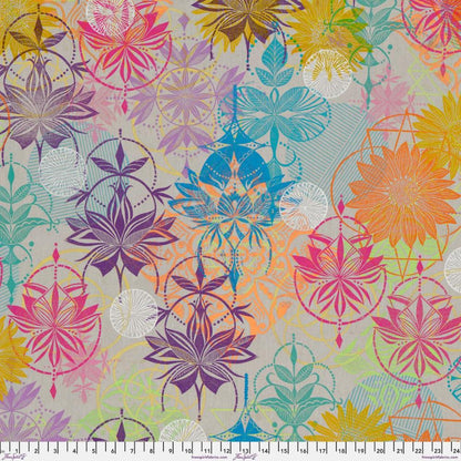 Grace Joyous in Vibrant features large, overlapping motifs of sunflowers, lotus blossoms, and geometric designs in a rainbow of colors on a neutral grey background.