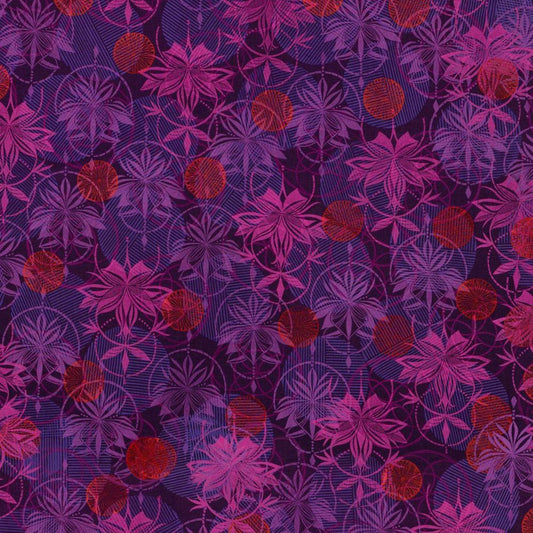 Grace Fearless in Aubergine features fuchsia and purple lotus blossoms, textured spheres, and interlocking circles on a dark eggplant-purple background.