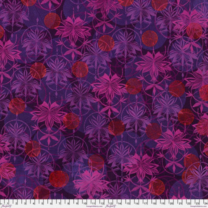 Grace Fearless in Aubergine features fuchsia and purple lotus blossoms, textured spheres, and interlocking circles on a dark eggplant-purple background.