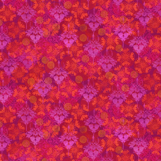 Grace Illuminate in Luscious features orange and pink floral motifs, yellow and red textured spheres, and intricate geometric designs overlapping on a dark violet background.