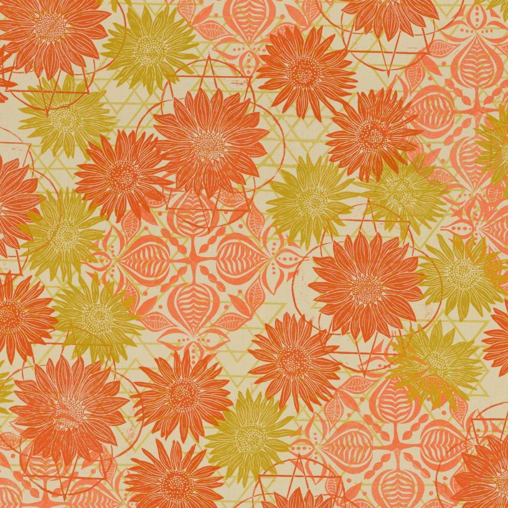 Grace Radiant in Honey features large orange and gold sunflowers, coral-pink tiles, and gold, triangular designs overlapping on a beige background.