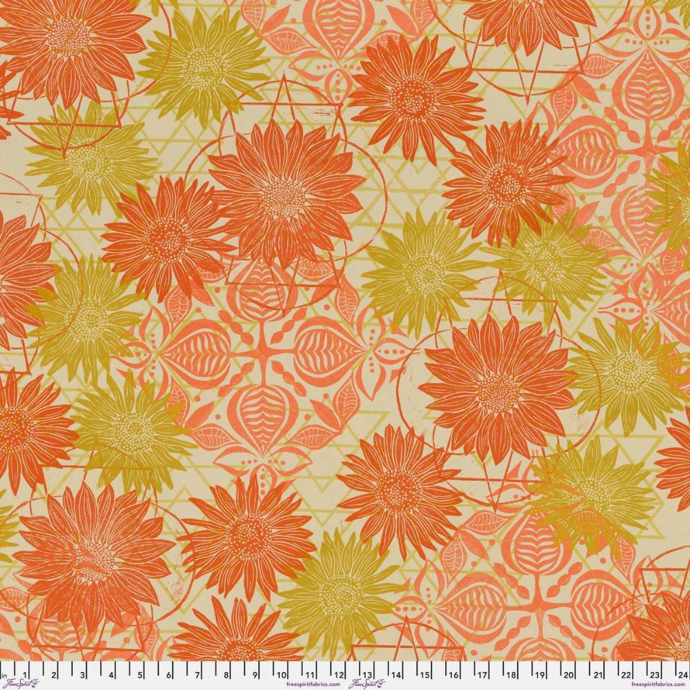 Grace Radiant in Honey features large orange and gold sunflowers, coral-pink tiles, and gold, triangular designs overlapping on a beige background.