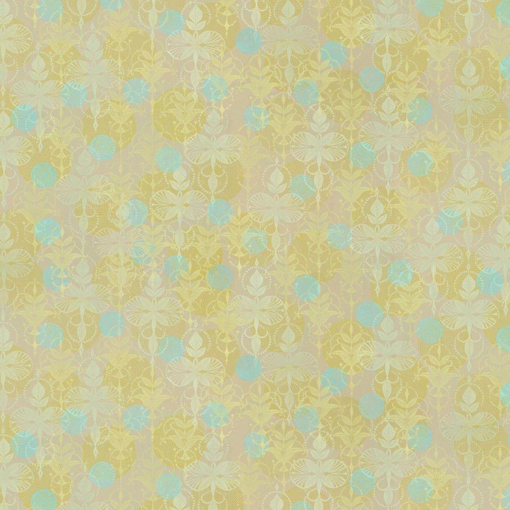 Grace Patient in Alabaster features delicately detailed leaf motifs in pale yellow and icy blue-grey overlapping aqua and gold textured spheres on a sandy, beige background.