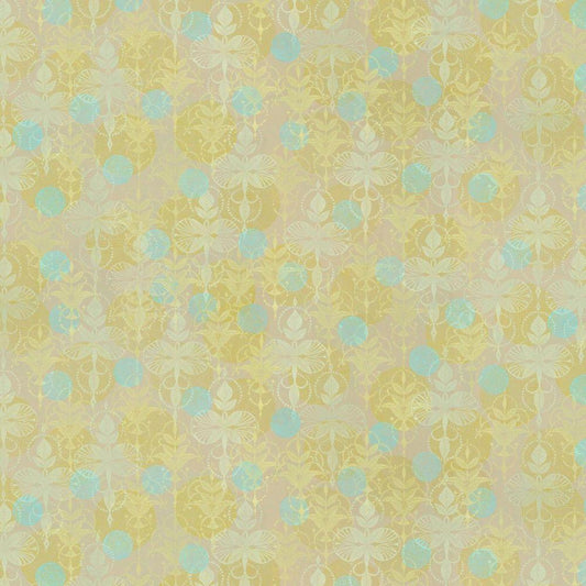 Grace Patient in Alabaster features delicately detailed leaf motifs in pale yellow and icy blue-grey overlapping aqua and gold textured spheres on a sandy, beige background.