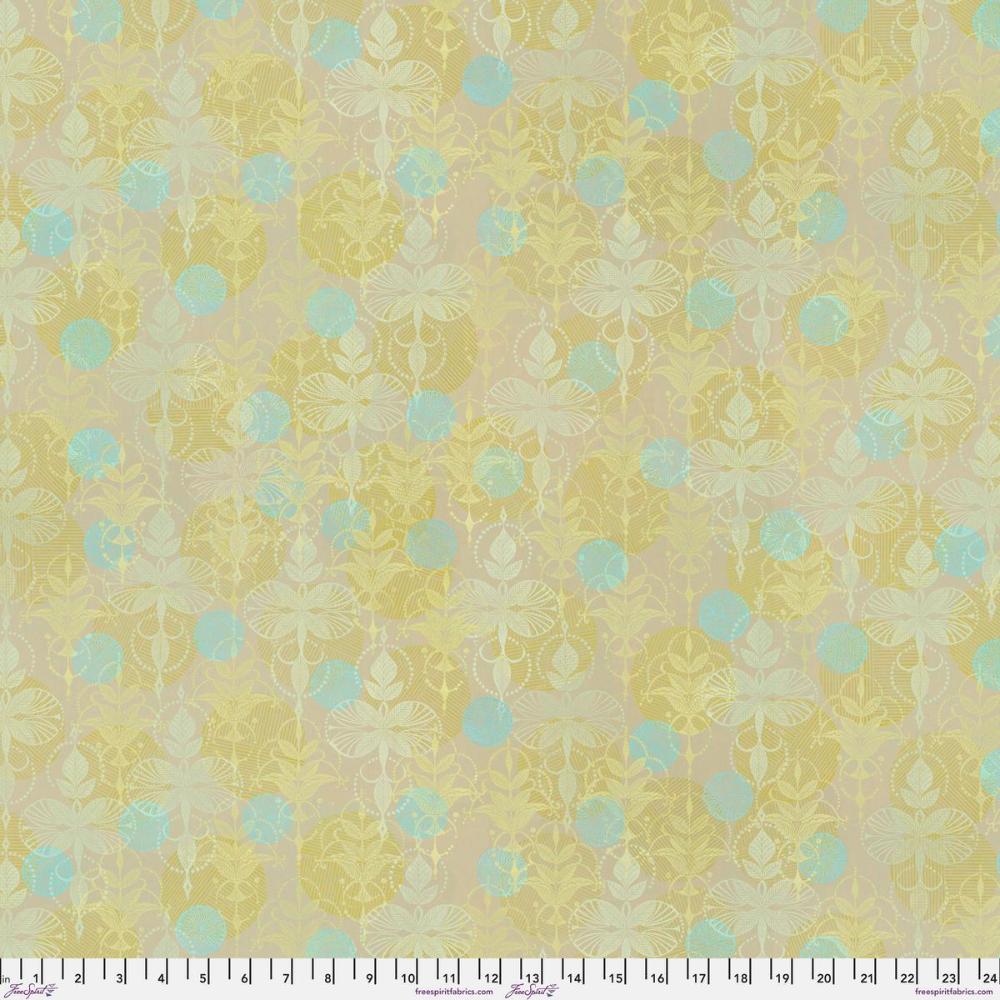 Grace Patient in Alabaster features delicately detailed leaf motifs in pale yellow and icy blue-grey overlapping aqua and gold textured spheres on a sandy, beige background.