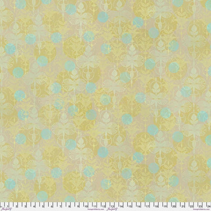 Grace Patient in Alabaster features delicately detailed leaf motifs in pale yellow and icy blue-grey overlapping aqua and gold textured spheres on a sandy, beige background.