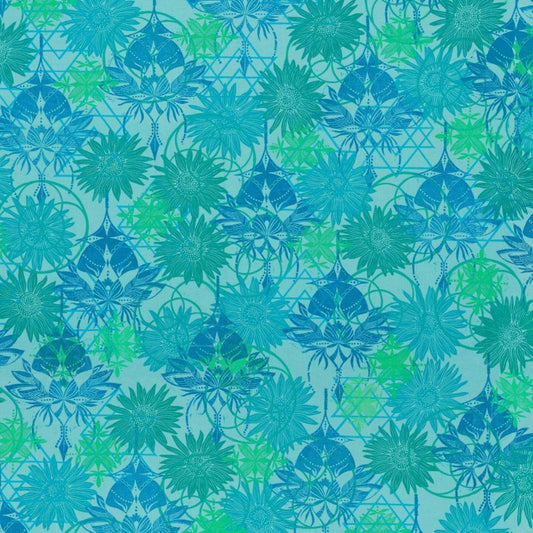 Grace Reflection in Robin features large turquoise and jade-green sunflowers, royal blue stylized floral motifs, and aqua and green geometric designs overlapping on a light blue background.