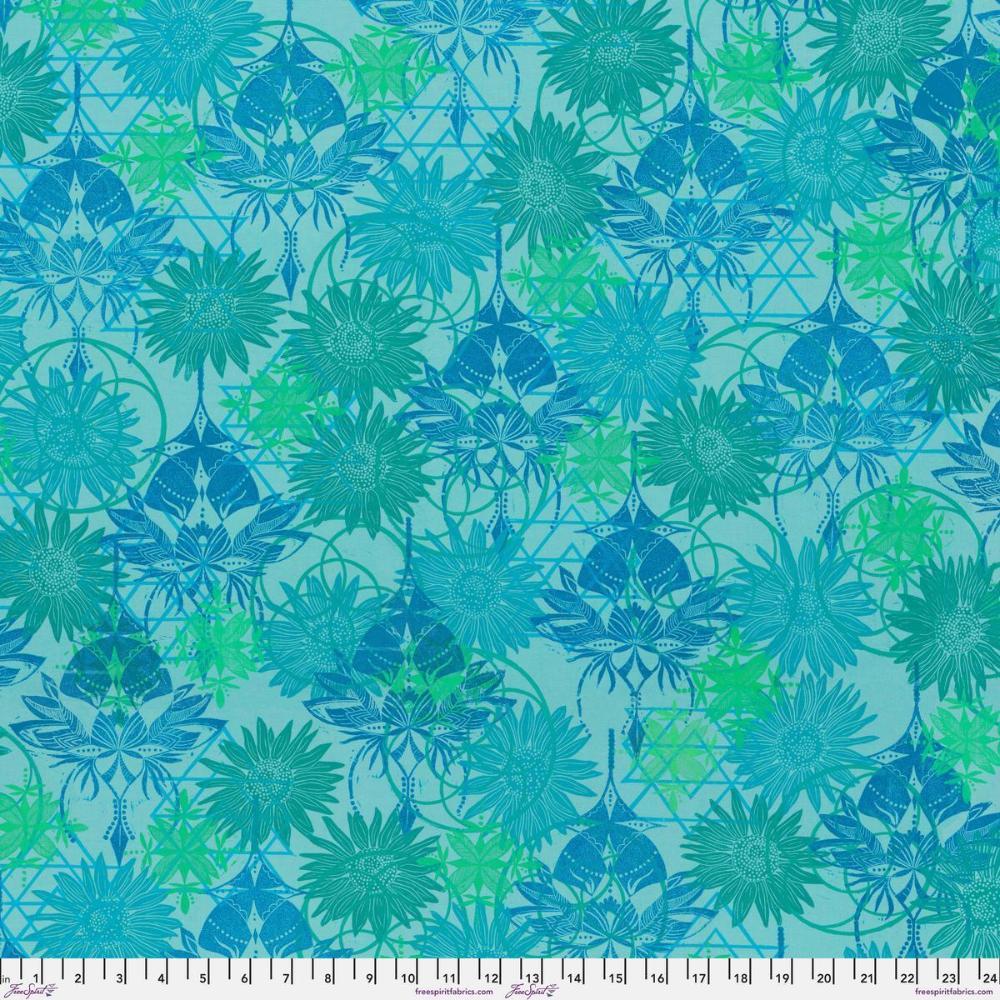 Grace Reflection in Robin features large turquoise and jade-green sunflowers, royal blue stylized floral motifs, and aqua and green geometric designs overlapping on a light blue background.