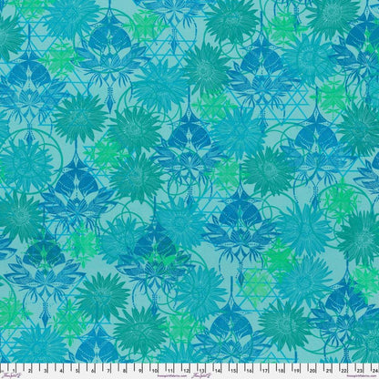 Grace Reflection in Robin features large turquoise and jade-green sunflowers, royal blue stylized floral motifs, and aqua and green geometric designs overlapping on a light blue background.