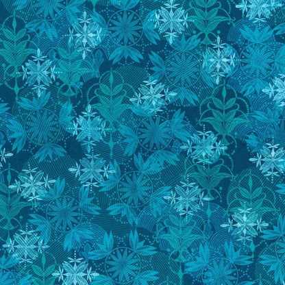 Grace Serene in Peacock features large turquoise and blue stylized floral motifs overlapping textured circles and arches on a dark blue background.