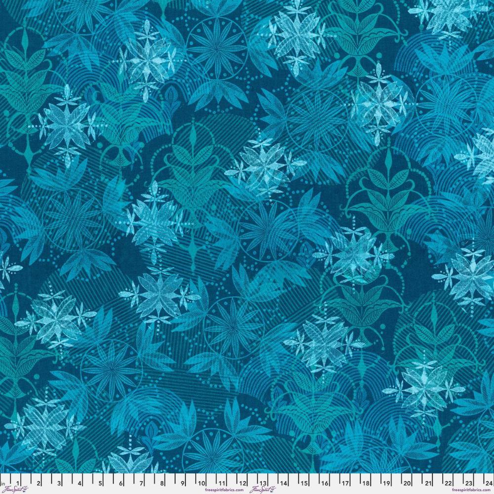 Grace Serene in Peacock features large turquoise and blue stylized floral motifs overlapping textured circles and arches on a dark blue background.