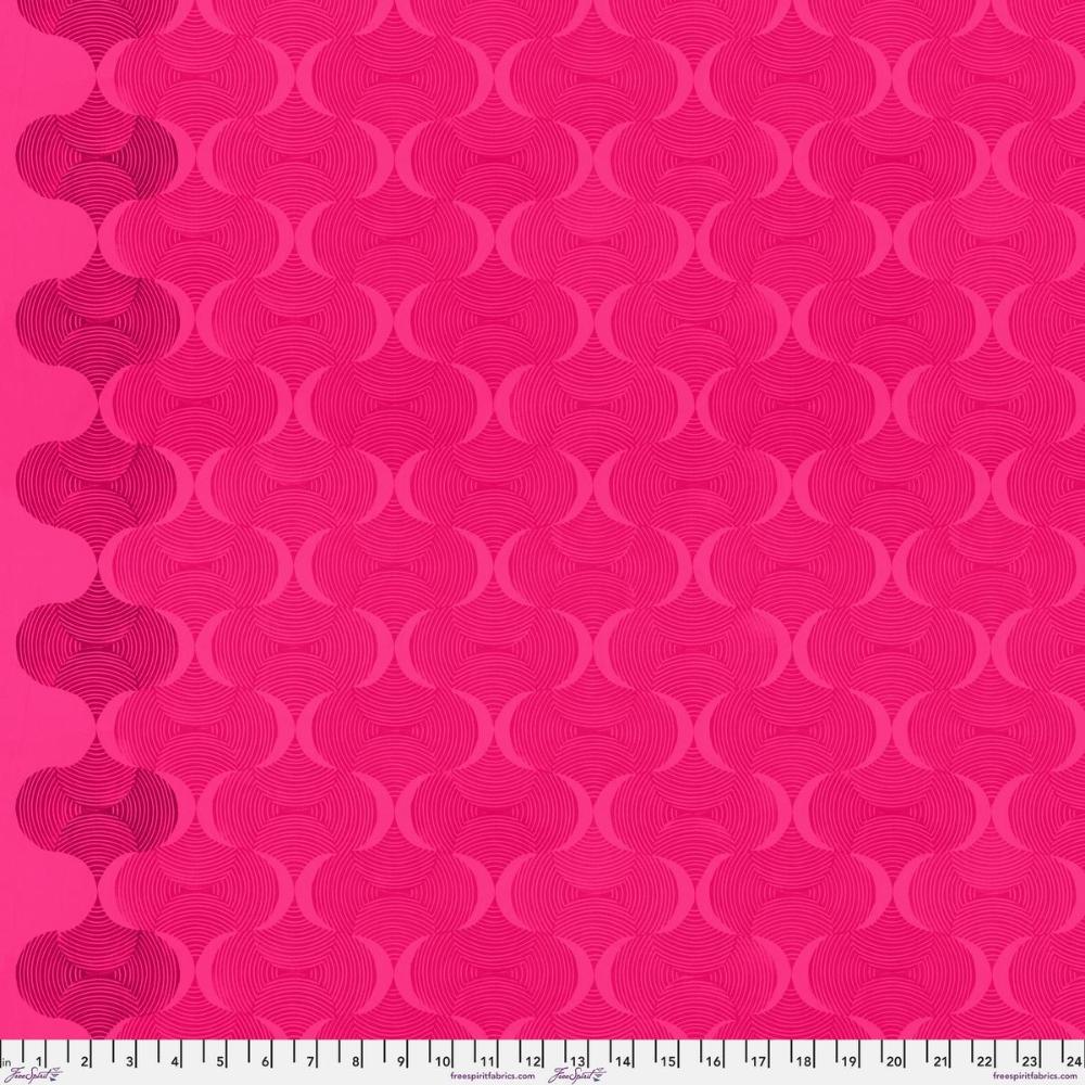 Grace Mindful in Fuchsia features large, undulating pink waves on a fuchsia background. This bright, textured ogee design includes a darker stripe of color parallel to each selvage edge.