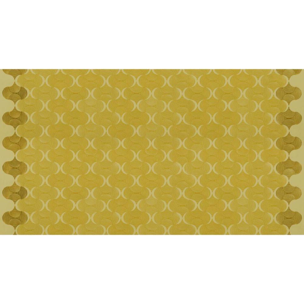 Grace Mindful in Gold features large, undulating gold waves on a pale yellow background. This bright, textured ogee design includes a darker stripe of color parallel to each selvage edge.