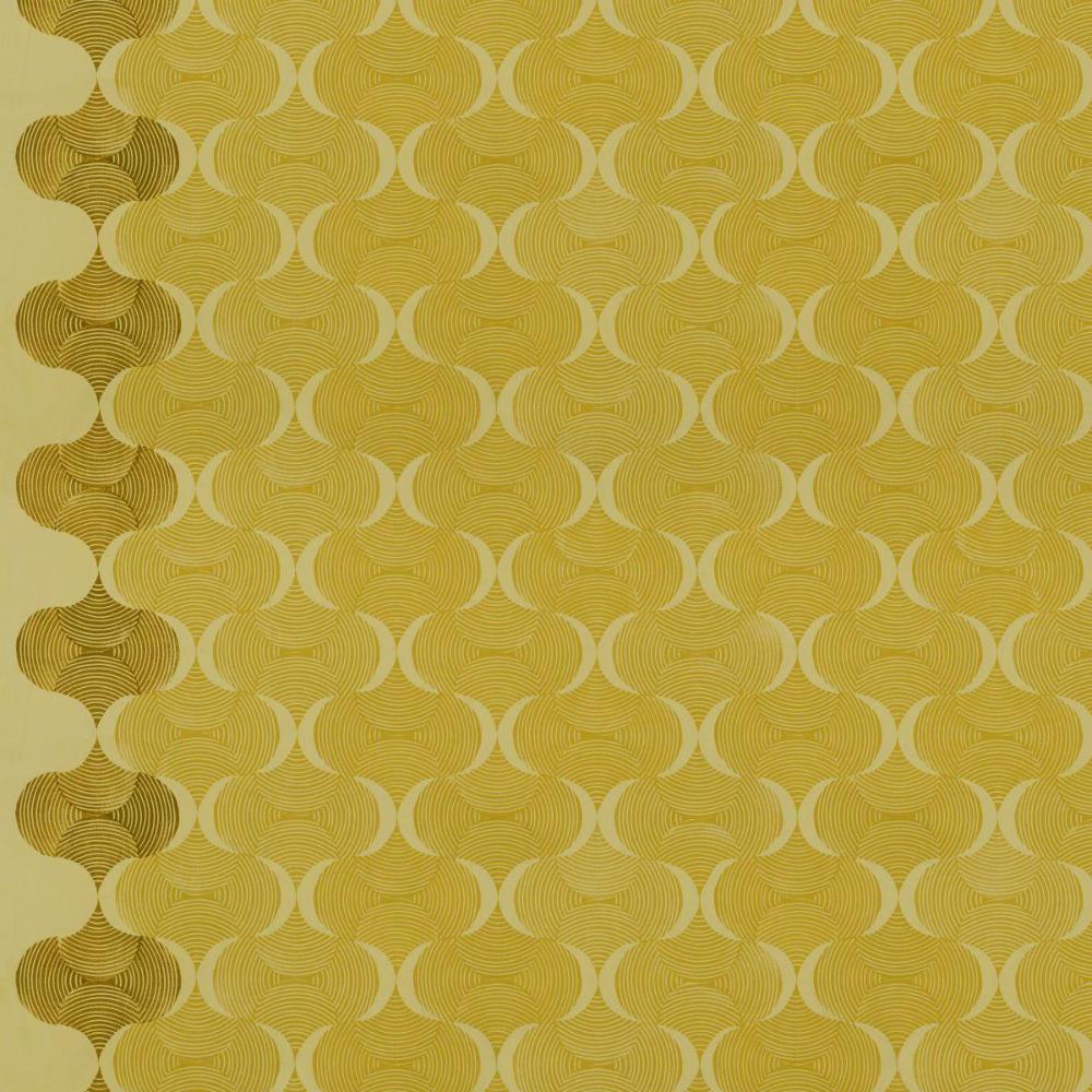 Grace Mindful in Gold features large, undulating gold waves on a pale yellow background. This bright, textured ogee design includes a darker stripe of color parallel to each selvage edge.