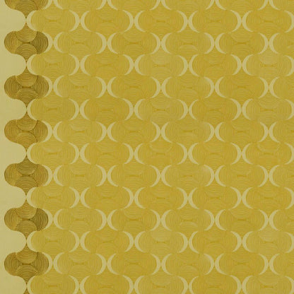 Grace Mindful in Gold features large, undulating gold waves on a pale yellow background. This bright, textured ogee design includes a darker stripe of color parallel to each selvage edge.