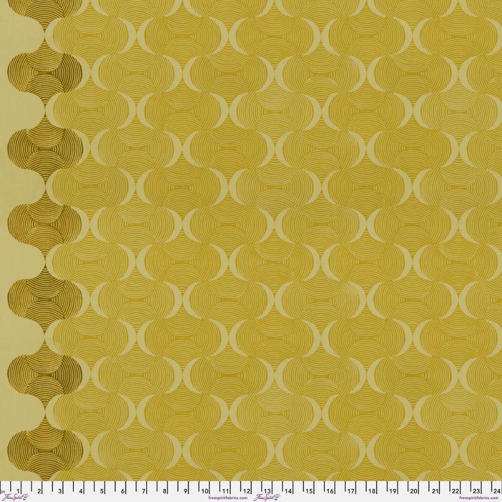 Grace Mindful in Gold features large, undulating gold waves on a pale yellow background. This bright, textured ogee design includes a darker stripe of color parallel to each selvage edge.