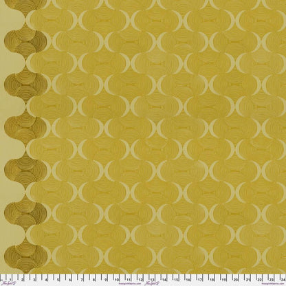 Grace Mindful in Gold features large, undulating gold waves on a pale yellow background. This bright, textured ogee design includes a darker stripe of color parallel to each selvage edge.