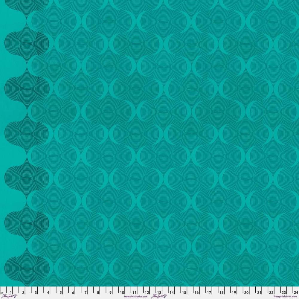 Grace Mindful in Teal features large, undulating teal waves on a bright, turquoise background. This textured ogee design includes a darker stripe of color parallel to each selvage edge.