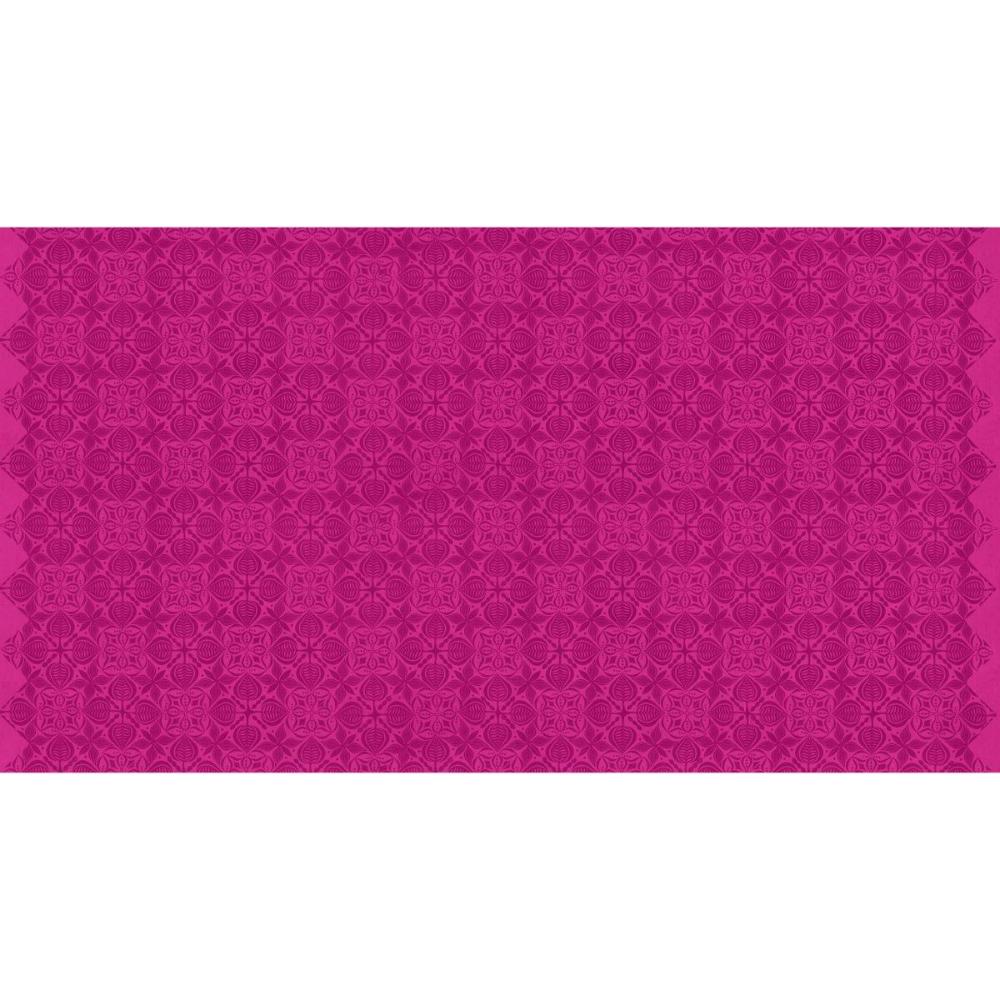 Grace Curious in Plum features large magenta tiles with intricate floral designs arranged on a bright, pink background. This tone-on-tone geometric design is set on a diagonal with the points meeting the selvage edges.