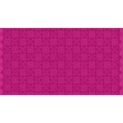 Grace Curious in Plum features large magenta tiles with intricate floral designs arranged on a bright, pink background. This tone-on-tone geometric design is set on a diagonal with the points meeting the selvage edges.