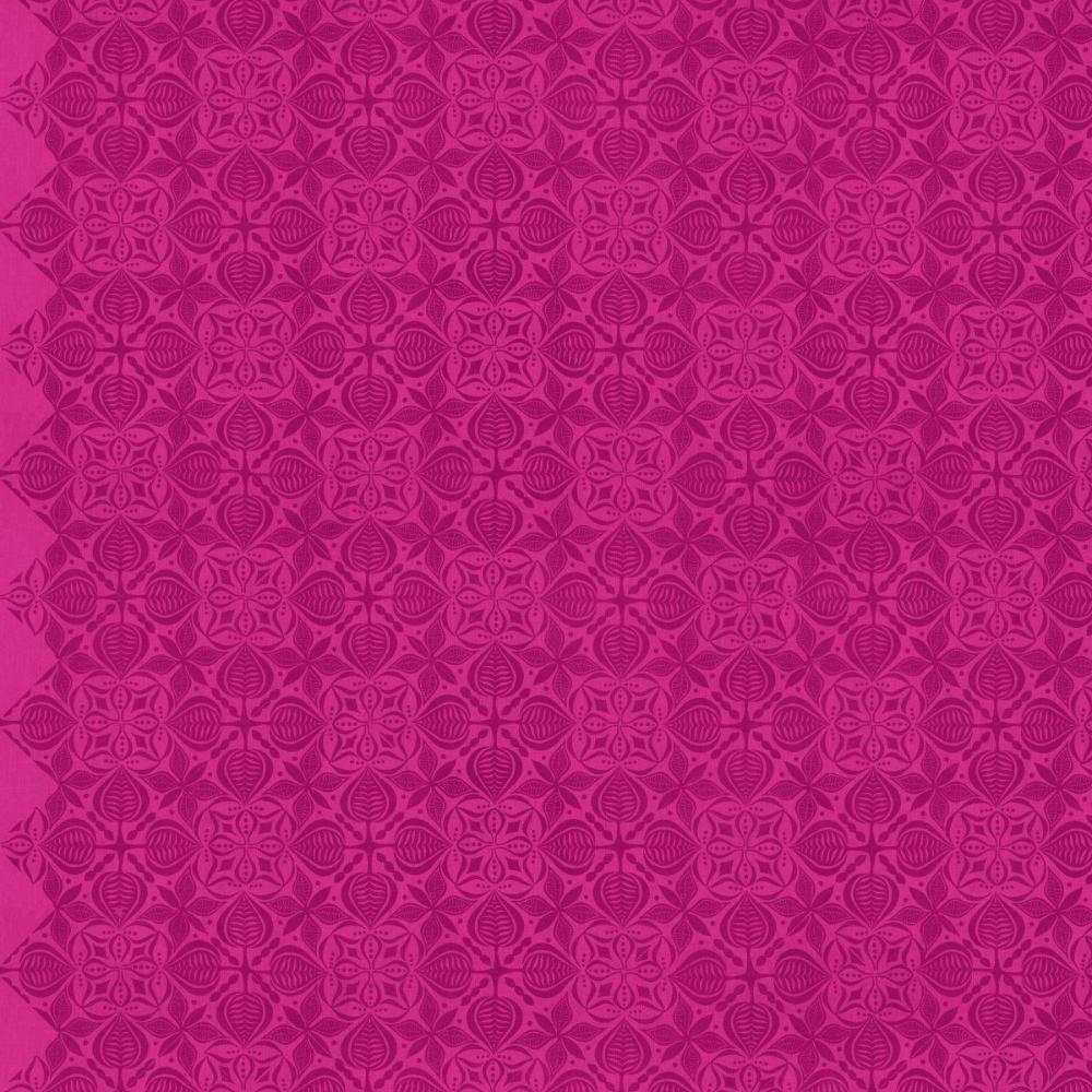 Grace Curious in Plum features large magenta tiles with intricate floral designs arranged on a bright, pink background. This tone-on-tone geometric design is set on a diagonal with the points meeting the selvage edges.