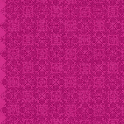 Grace Curious in Plum features large magenta tiles with intricate floral designs arranged on a bright, pink background. This tone-on-tone geometric design is set on a diagonal with the points meeting the selvage edges.