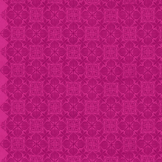 Grace Curious in Plum features large magenta tiles with intricate floral designs arranged on a bright, pink background. This tone-on-tone geometric design is set on a diagonal with the points meeting the selvage edges.