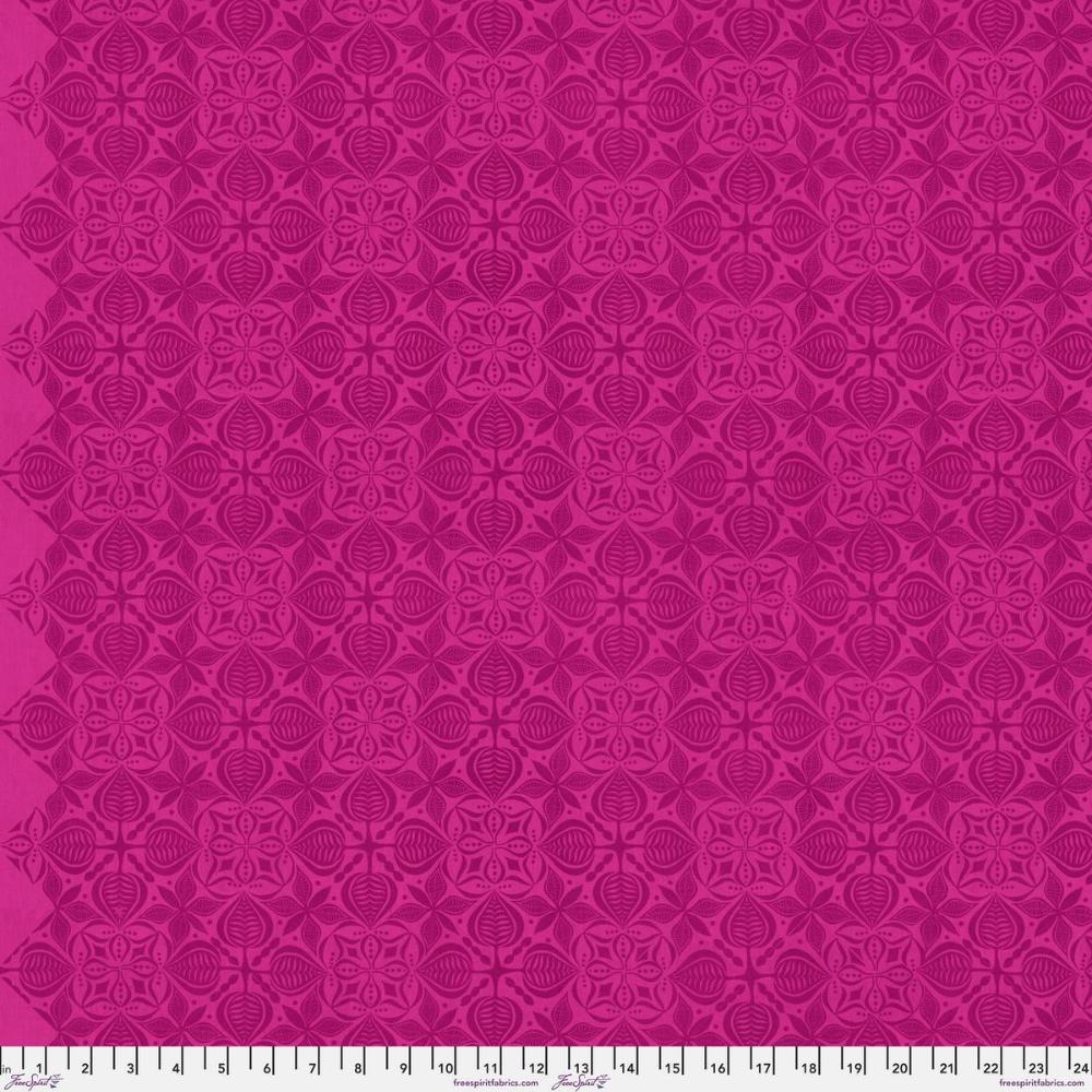 Grace Curious in Plum features large magenta tiles with intricate floral designs arranged on a bright, pink background. This tone-on-tone geometric design is set on a diagonal with the points meeting the selvage edges.