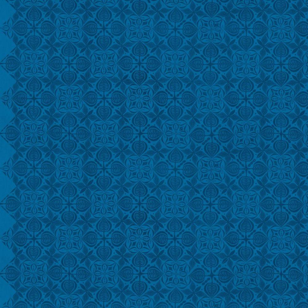 Grace Curious in Sapphire features large navy tiles with intricate floral designs arranged on a royal blue background. This tone-on-tone geometric design is set on a diagonal with the points meeting the selvage edges.