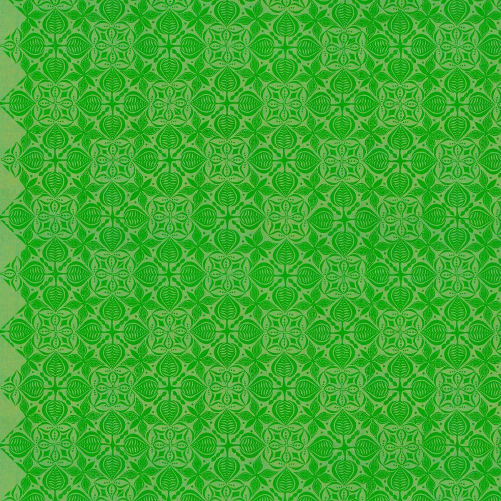 Grace Curious in Sorrel features large, bright green tiles with intricate floral designs arranged on a lime background. This tone-on-tone geometric design is set on a diagonal with the points meeting the selvage edges.