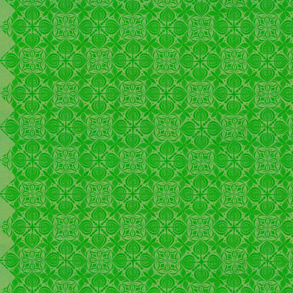 Grace Curious in Sorrel features large, bright green tiles with intricate floral designs arranged on a lime background. This tone-on-tone geometric design is set on a diagonal with the points meeting the selvage edges.