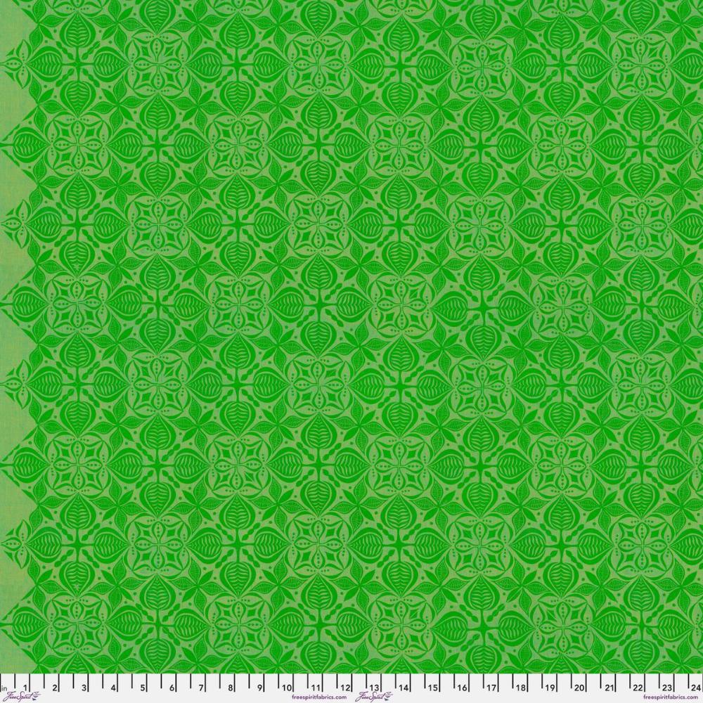 Grace Curious in Sorrel features large, bright green tiles with intricate floral designs arranged on a lime background. This tone-on-tone geometric design is set on a diagonal with the points meeting the selvage edges.