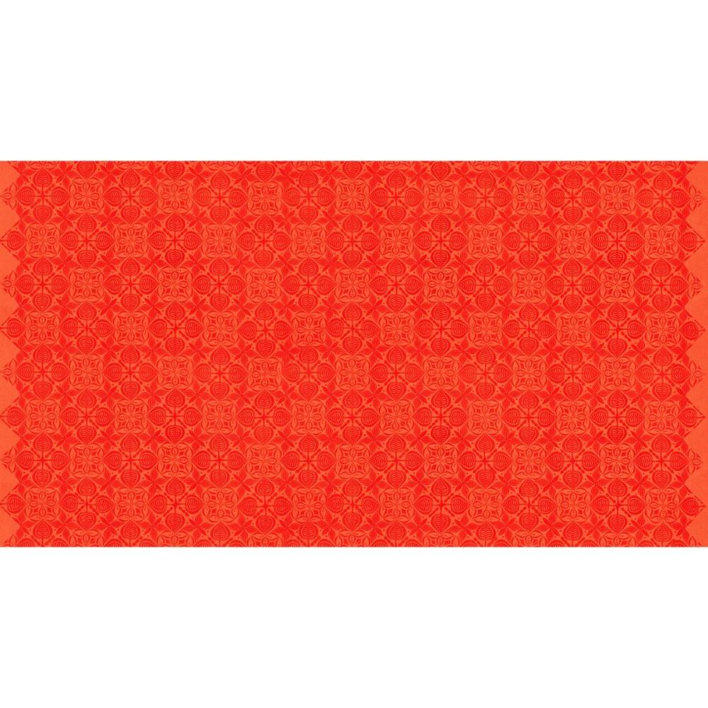 Grace Curious in Tangerine features large orange tiles with intricate floral designs arranged on a light, peach background. This tone-on-tone geometric design is set on a diagonal with the points meeting the selvage edges.