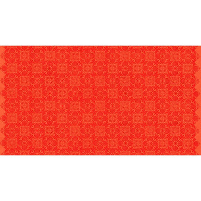 Grace Curious in Tangerine features large orange tiles with intricate floral designs arranged on a light, peach background. This tone-on-tone geometric design is set on a diagonal with the points meeting the selvage edges.