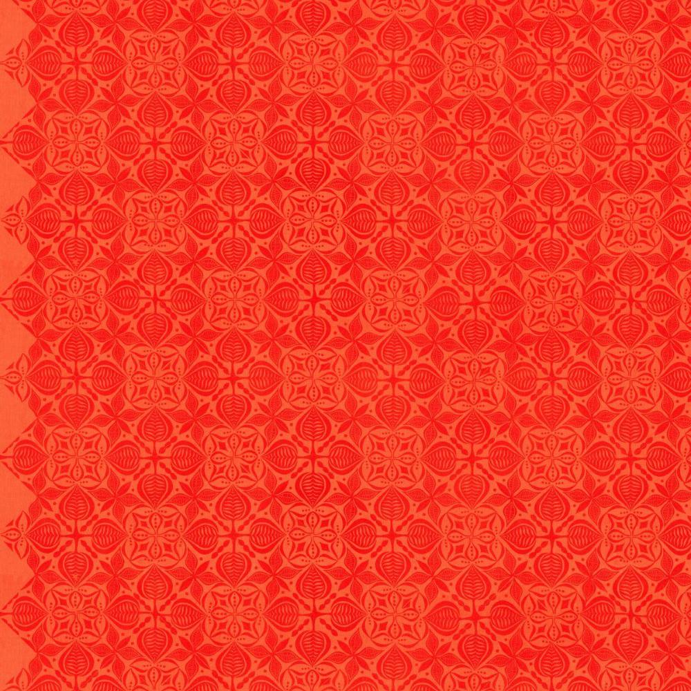 Grace Curious in Tangerine features large orange tiles with intricate floral designs arranged on a light, peach background. This tone-on-tone geometric design is set on a diagonal with the points meeting the selvage edges.