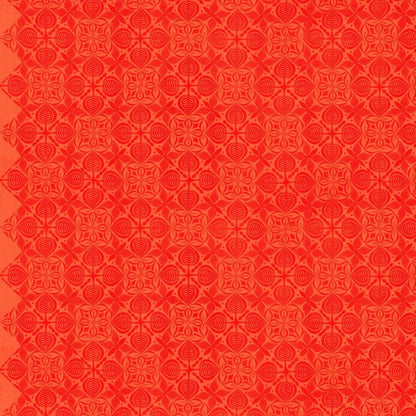 Grace Curious in Tangerine features large orange tiles with intricate floral designs arranged on a light, peach background. This tone-on-tone geometric design is set on a diagonal with the points meeting the selvage edges.