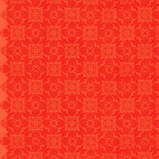 Grace Curious in Tangerine features large orange tiles with intricate floral designs arranged on a light, peach background. This tone-on-tone geometric design is set on a diagonal with the points meeting the selvage edges.