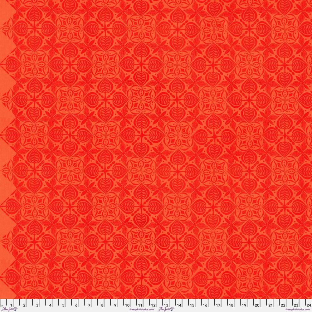 Grace Curious in Tangerine features large orange tiles with intricate floral designs arranged on a light, peach background. This tone-on-tone geometric design is set on a diagonal with the points meeting the selvage edges.